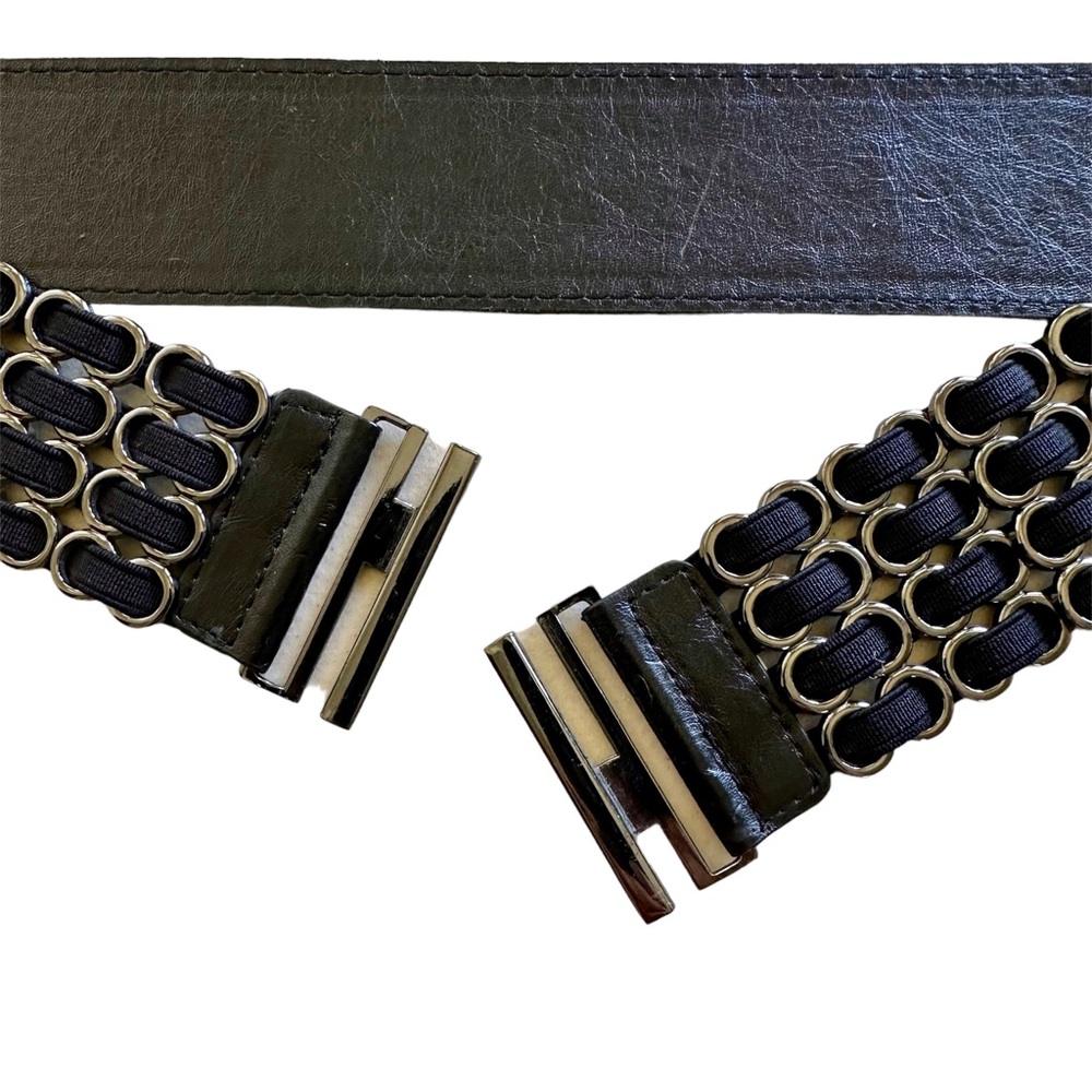 Vintage 1990s Women's Faux Leather and Elastic Belt Black Silver 31"